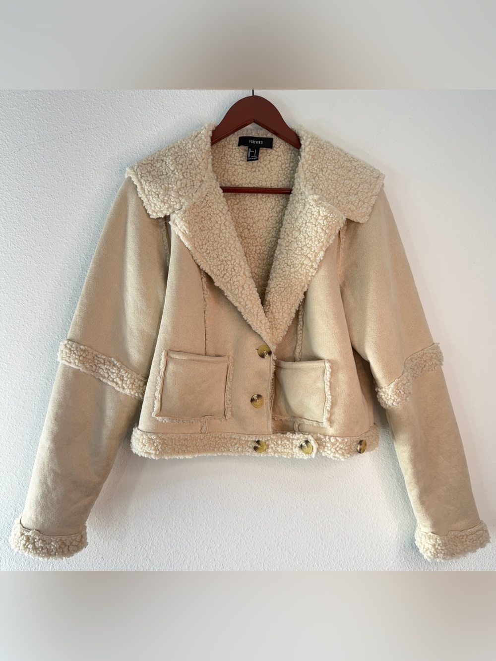 Y2K Forever 21 Faux Suede Sherpa Jacket Tan Cropped Moto Winter Boho Indie Large